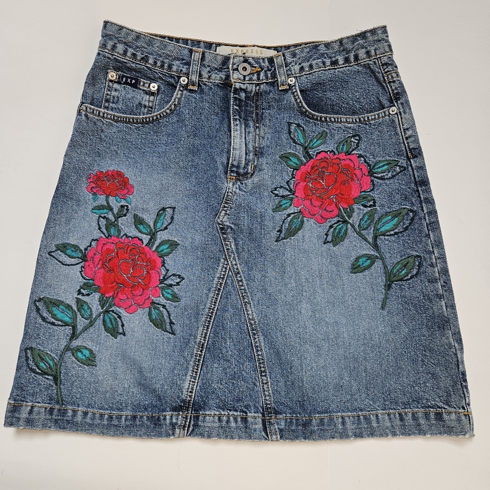 Embroidered Denim Skirt Floral Midi Boho - Picture 10 of 10